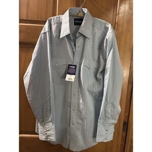 NWT Men's Wrangler Premium Long Sleeve Western Snap Lt Blue Stripe Shirt Medium